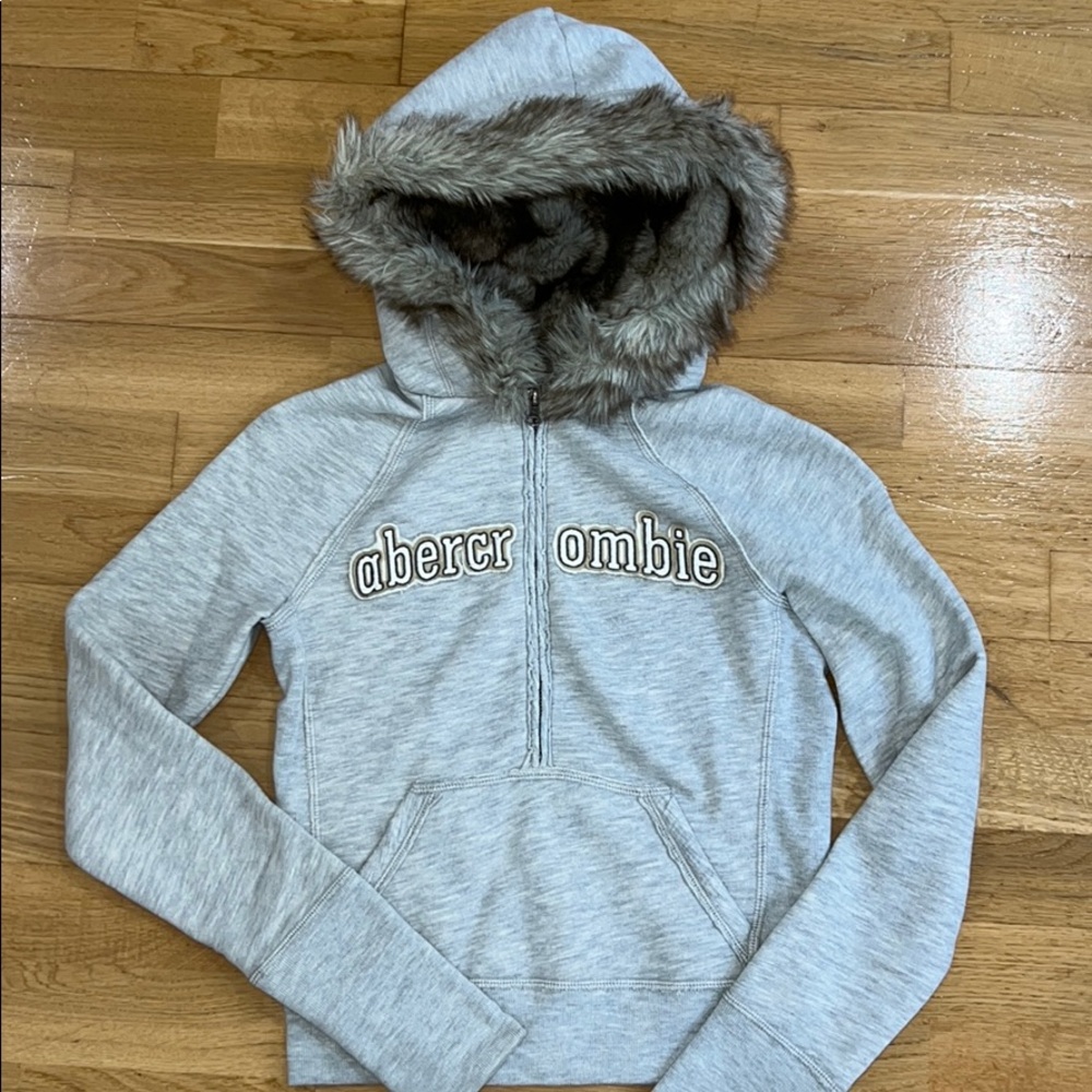 Abercrombie grey half zip faux fur hoodie